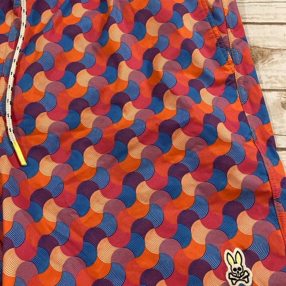 Psycho Bunny Orange Red Blue Geometric Swim Trunks